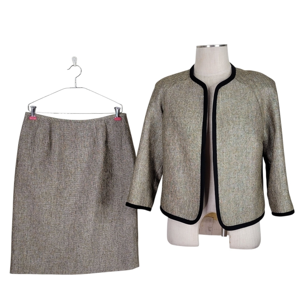 Kasper Tweed Skirt Suit 8 Black Tan Open Blazer 3/4 Sleeve Back Zip Kick Pleat - Picture 2 of 11